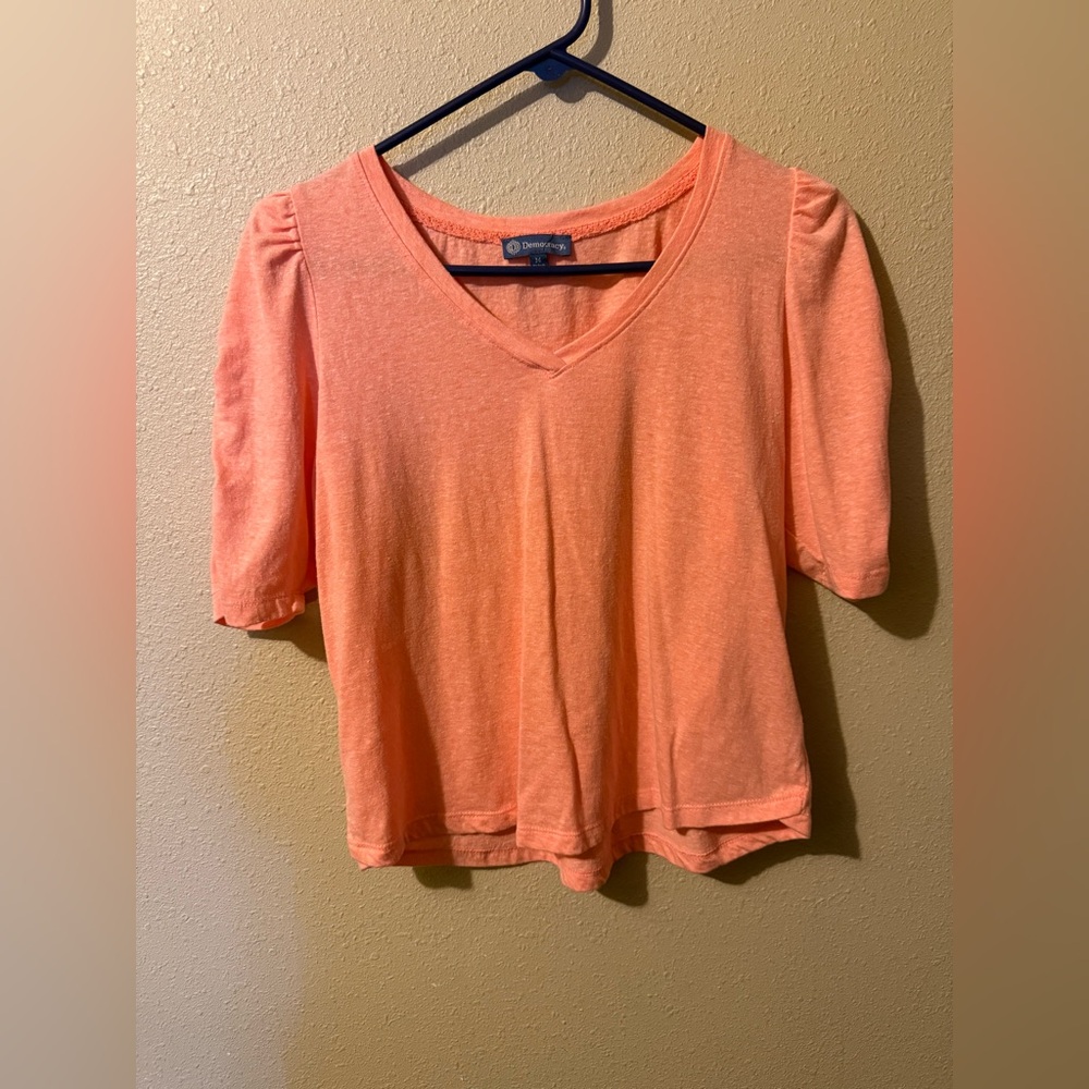 Democracy Heathered Knit Puff-Sleeve V Neck Tee Orange Women’s M
